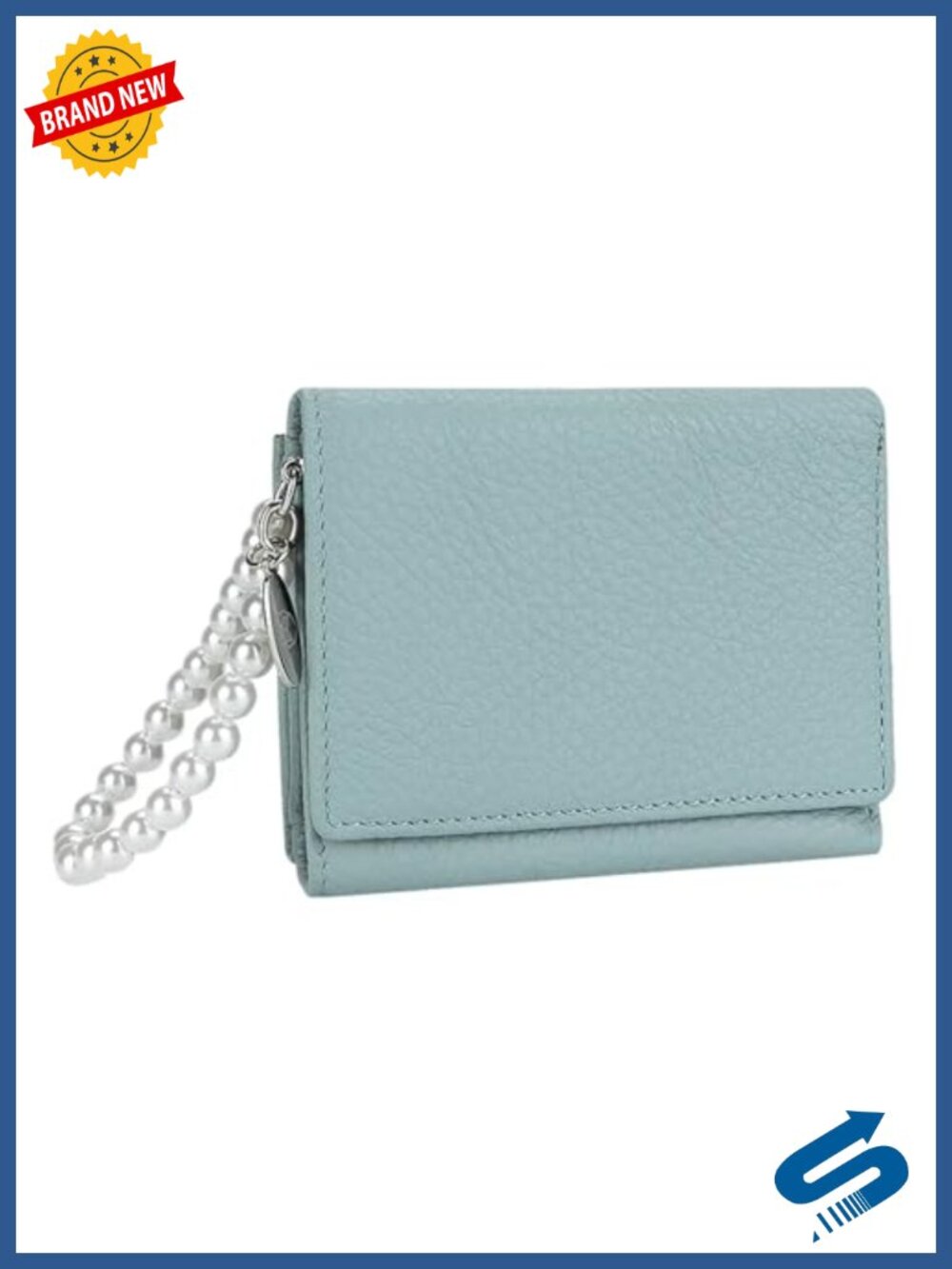 Genuine Leather Trifold Wallet with Coin Purse and Pearl Hand Strap